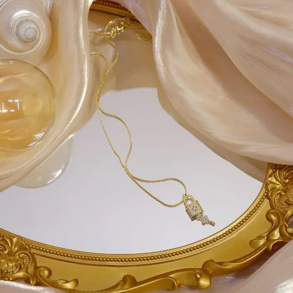 NEW 14K Gold Plated Diamond Lock Key Necklace - Picture 13 of 14